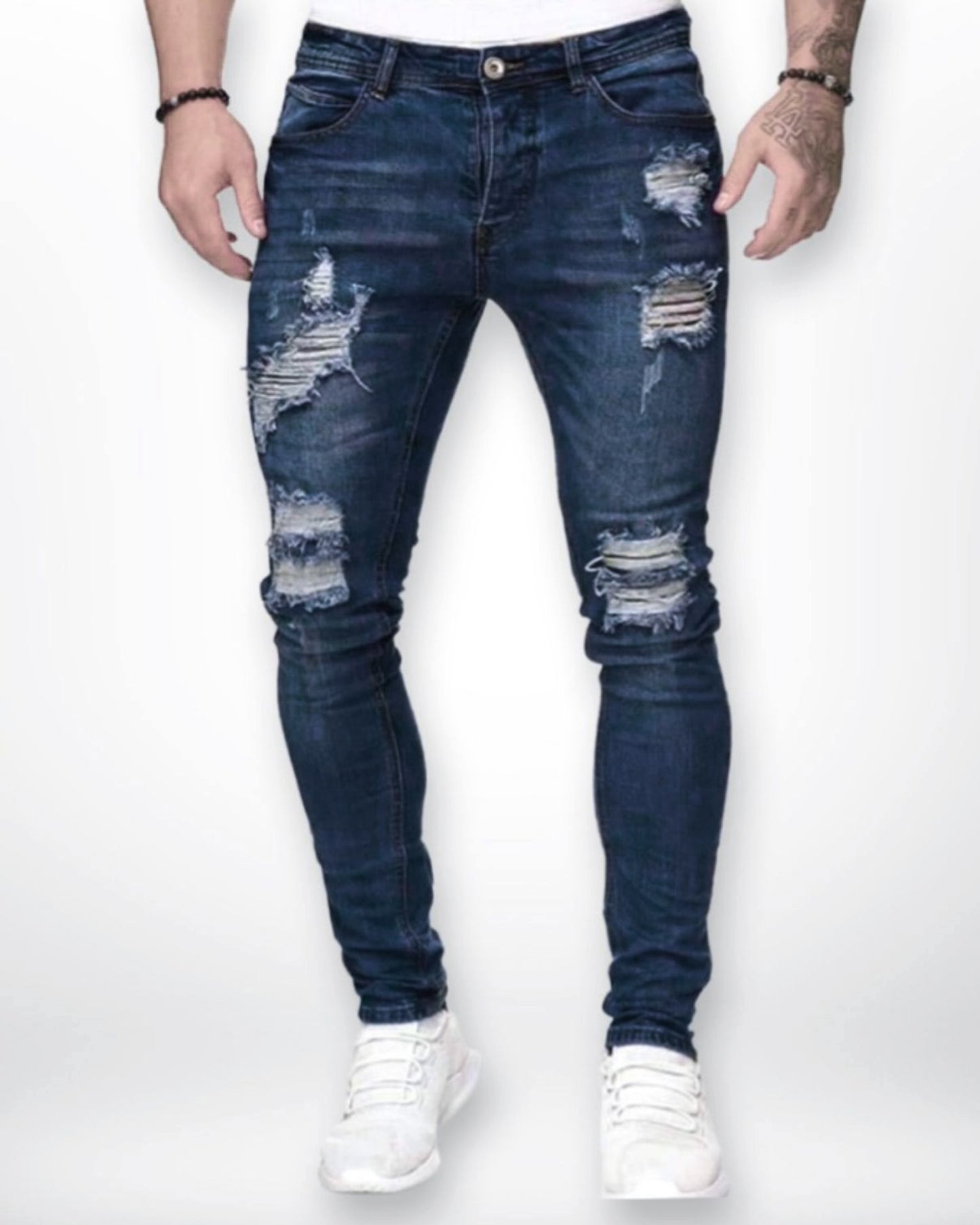Men's Slim Fit Ripped Jeans - Dark Blue